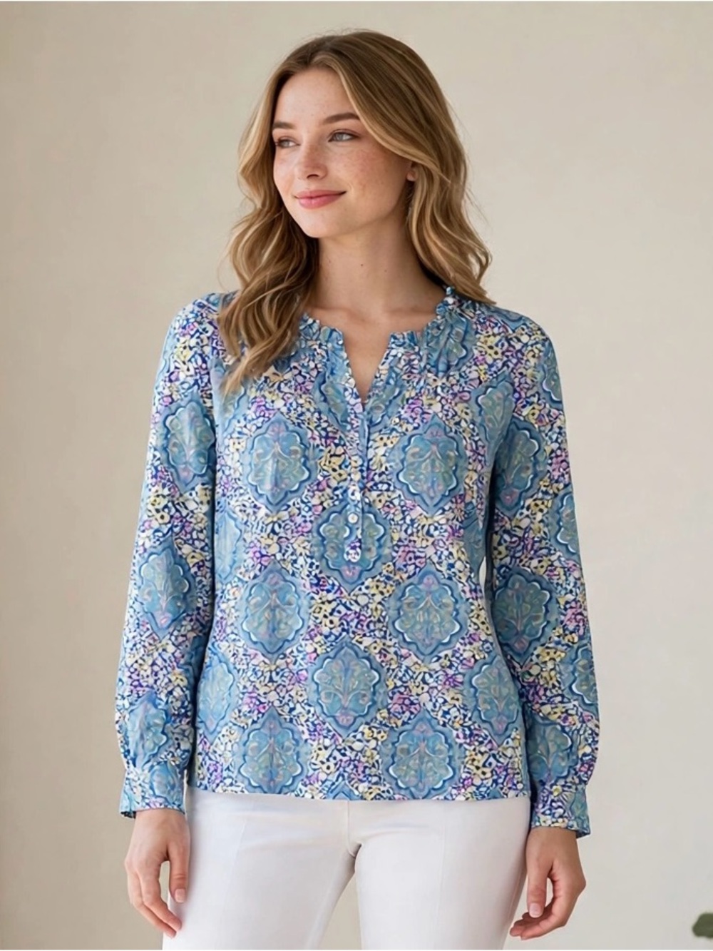 Talbots Women’s Blue Paisley Print Ruffle Neck 100% Cotton Blouse Size M⁠